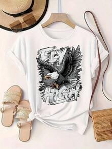 Women's Casual T-Shirt - Short Sleeve T-Shirt With 'Fly High' Eagle Graphic Design, Crew Neck, Summer Top, Machine Washable, Ladies' T-Shirts, Casual Wear, Modern Style, Comfortable Fit
Black 100% Cotton Durable - 白色 - 查看 2