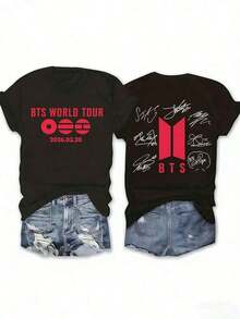 T-Shirt, Retro World Tour Merch Gifts, Bangtan Come Back Shirt For Army,,Basic Everyday Tee, Army 2-Sides Tee Gift, Crafted From Cotton, Perfect For Infusing Nostalgic, Fun Vibes Into Your Outfits During Casual Gatherings, Music Events, Or Daily Wear. This Is A Men's Round-Neck Printed Short-Sleeve Casual Everyday T-Shirt. It Makes An Excellent Gift For Friends And Family. The Cotton T-Shirt Features A Youthful And Fashionable Design, Suitable As Graphic Tees For Both Men And Women, Ideal For The Back-To-School Season, And Is Also A Loose And Comfortable Women's Top. It Is Versatile For Everyday Wear, A High-Quality Vintage-Style Short-Sleeve Shirt For Women In The Summer - 黑色 - 查看 2