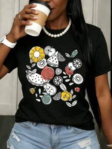 Camiseta de Verano Fresca con Diseño Casual de Frutas y Corazones para Mujer, Top Casual de Verano con Estampado Gráfico, Cuello Redondo, Manga Corta, Atuendo de Moda para Uso Diario - Negro - Ver 1