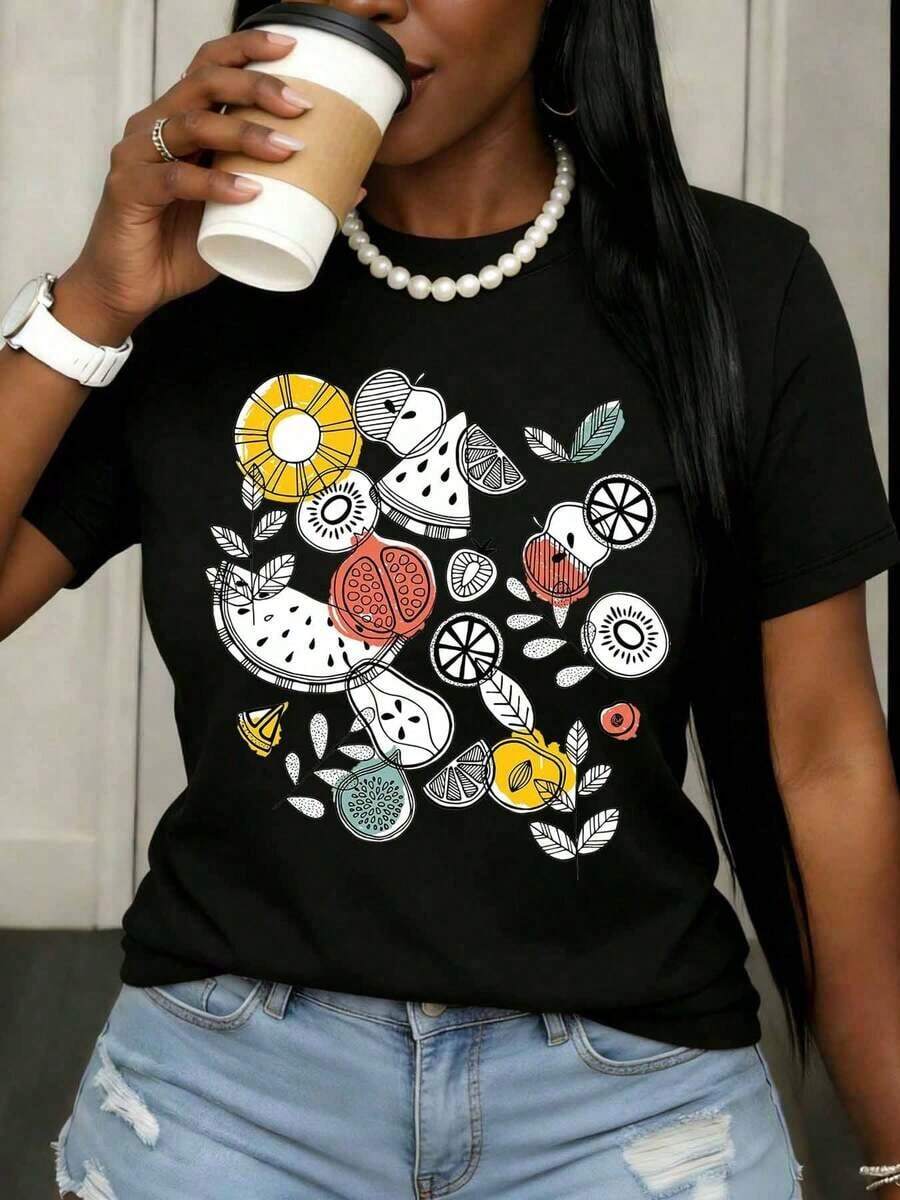 Camiseta de Verano Fresca con Diseño Casual de Frutas y Corazones para Mujer, Top Casual de Verano con Estampado Gráfico, Cuello Redondo, Manga Corta, Atuendo de Moda para Uso Diario - Negro - Ver 1