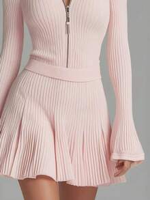 Casual y de moda mini falda de punto rosa claro cuello de pie - Rosa - Ver 3