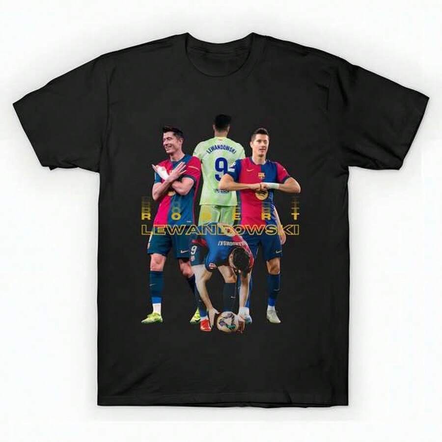 Robert Lewandowski Barcelona T-Shirt unisex de la de algodón puro de alta densidad de 220 g. C-AmiS-eta uniS-ex 100 % aL-Godón de - Tejido de alta densidad. Apta para todo tipo de perS-onas, ya sean mujeres o hombres. Tejido duradero de alta C-Alidad apto para todas las estaciones, suave al tacto pero duradero. Tops transpirables. Conjuntos de otoño para mujer. Conjuntos de vaC-Aciones para mujer. Disfraz de Halloween para mujer. - Negro - Ver 1