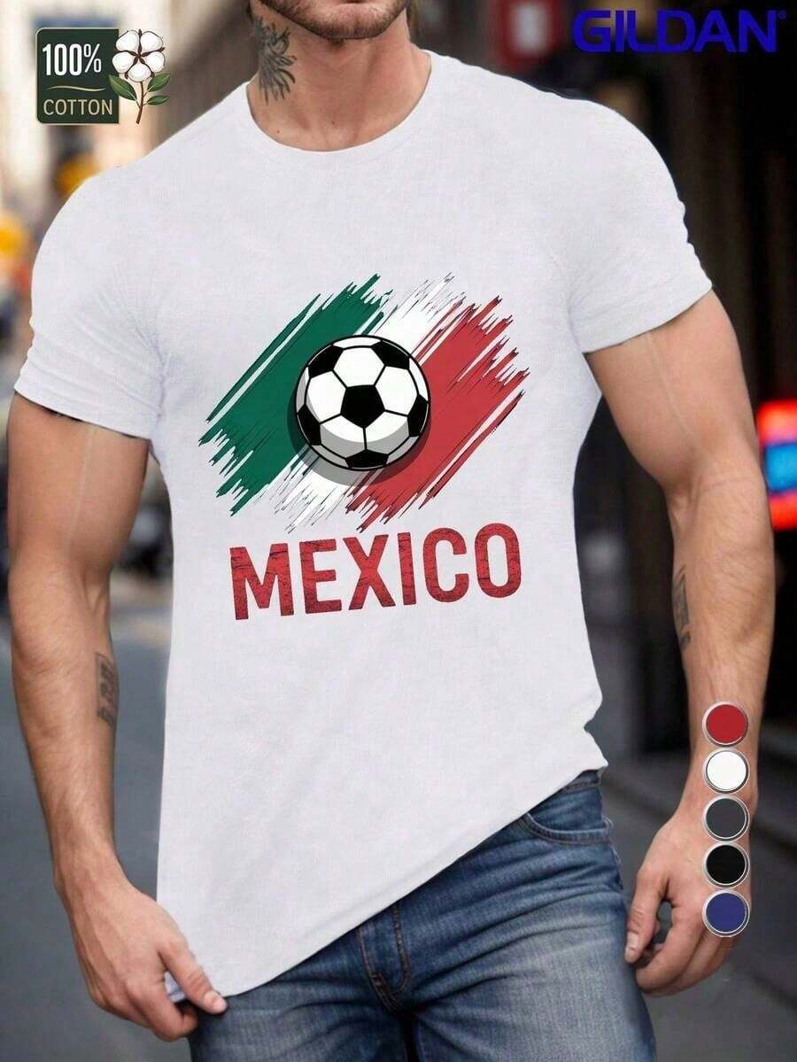 Camiseta de Fútbol Mexicano para Hombre - 100% Algodón Diseño de Bandera Mexicana con Logo del Equipo Nacional y Rayas Verdes/Blancas/Rojas - Ropa de Fan de Manga Corta Cómoda Adecuada para Uso Diario - Negro - Ver 1