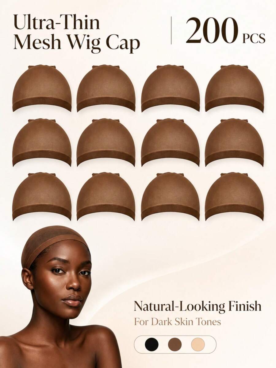 200 piezas Redecillas para el cabello de mujer, set de redecillas de nailon elásticas tejidas, redecillas de cabello elásticas y transpirables adecuadas para pelucas de encaje completo, adecuadas para pelucas naturales de tono de piel oscuro, redecillas cómodas para uso diario en pelucas, trenzado y cuidado del cabello
