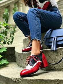 Women Oxfords Pumps Chunky Block Heels Mixed Color Lace Up Ladies' Business Loafers Fashion Comfy Casual Luxury Dress Shoes - Đỏ - Xem 3