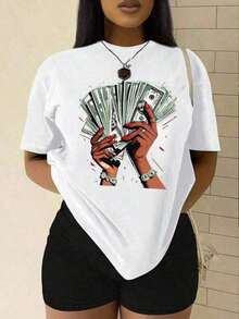 Women's Clothing Casual Printed Short Sleeve T-Shirt For Women, Spring/Summer Graphic Tees, Women's Tops, Women's Shirts - 白色 - 查看 5
