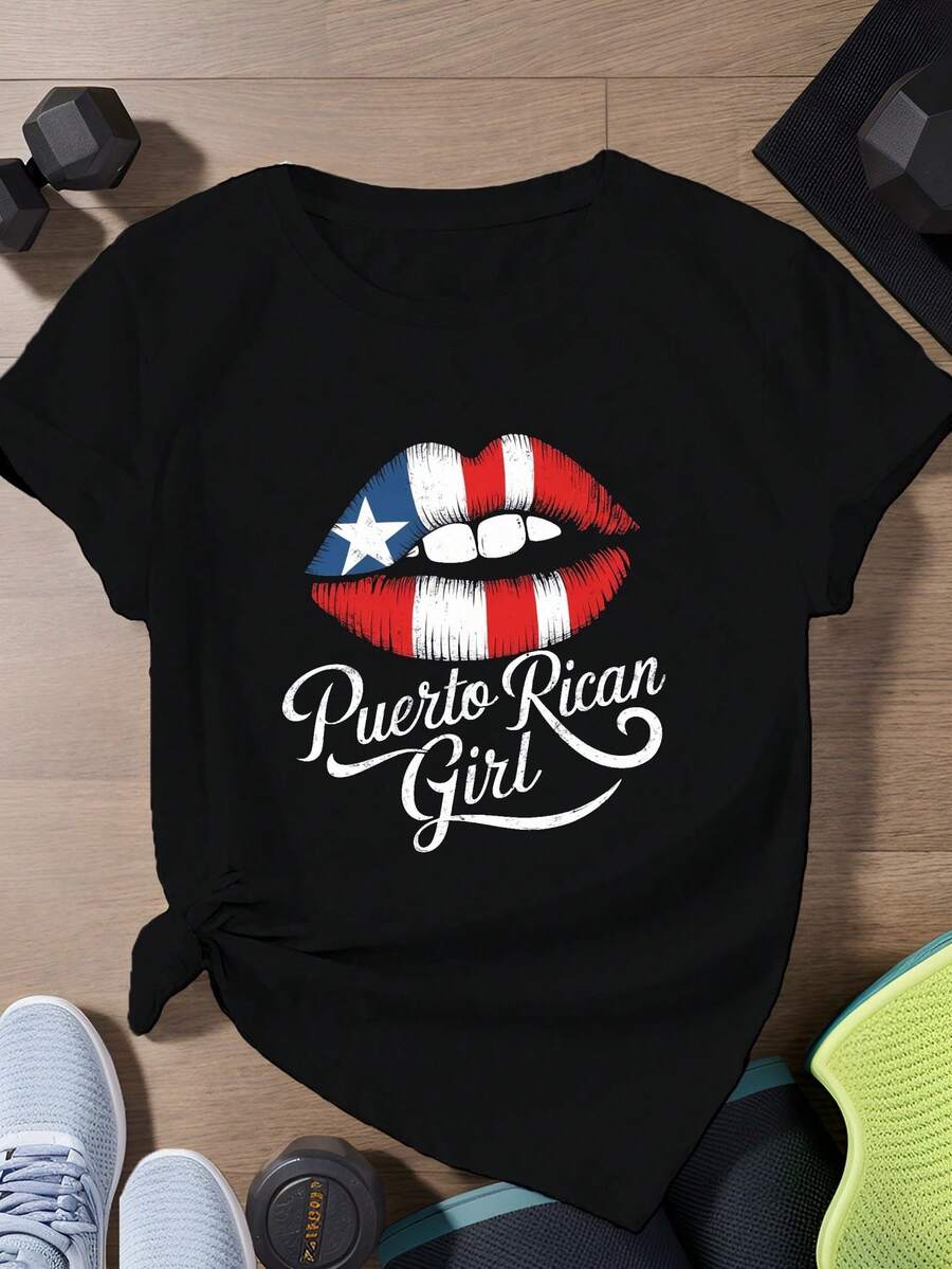 Women's Short-Sleeved Athletic T-Shirt, Puerto Rican Girl Size - Black - View 1