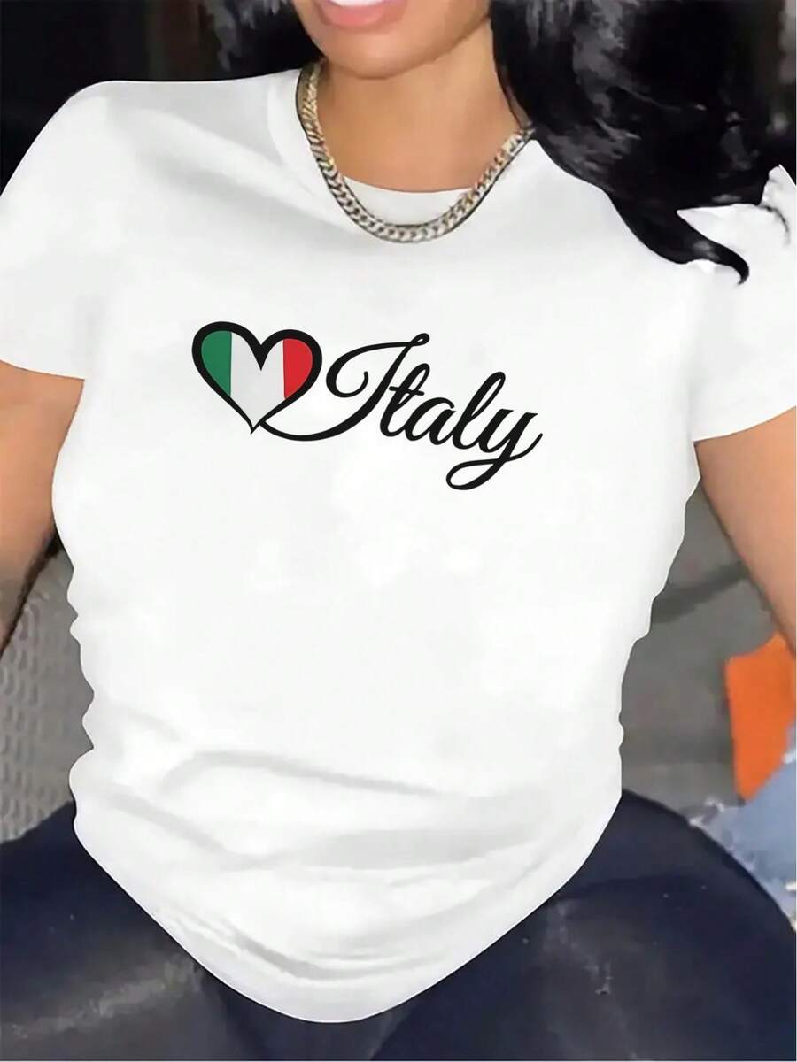 Women's Mexican Short-Sleeve T-Shirt With Italian Heart Design, Lightweight And Durable Polyester Fabric, Perfect For Casual Wear, Travel, Or Restaurants, Comfortable Fit, Printed Background. Summer Fashion Cotton T-Shirt - 白色 - 查看 1