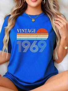 Comfortable Lightweight Printed T-Shirts For Women, 100% Cotton, Vintage 1969 Style, Thick Cotton T-Shirt For Women For Christmas (1 Piece), 100% Cotton, Best-Selling Choice. Loose Versatile Short Sleeve T-Shirt For Women - 藍色的 - 查看 6