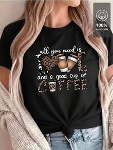 ComfortableLove & Coffee Animal Print - 100% Cotton T-Shirt, G (S-XXXL) Loose And Versatile Short-Sleeved T-Shirt For Women - 黑色 - 查看 12