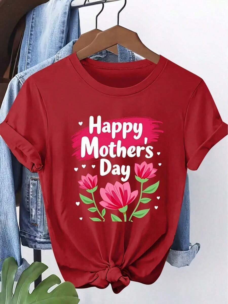 Women's Short-Sleeved T-Shirt With A "Happy Mother's Day" Floral Print, Round Neck, Machine Washable, Soft To The Touch, Breathable, And Suitable For Spring, Summer, And Fall. Warm, Personalized, Casual, Easy To Match, And Perfect For Everyday Wear. Available In Sizes S-XXL. Suitable For Mother's Day Celebrations, Family Outings, And Other Occasions. - 紅色 - 查看 1