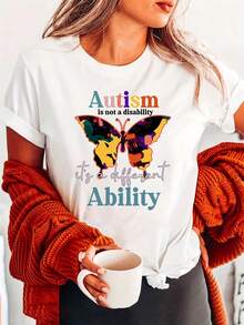 Women's Butterfly Print T-Shirt For Autism Awareness 2026 - Soft, Casual Short-Sleeved Crew Neck T-Shirt With Symbolic Logo, Semi-Sheer Design Suitable For Everyday Wear (Machine Washable). - 白色 - 查看 1
