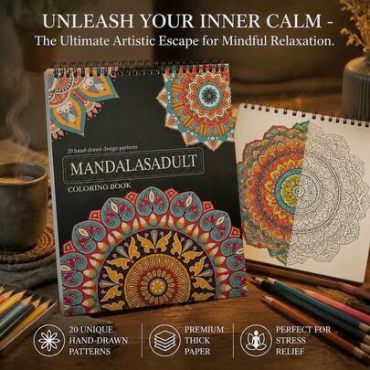 Mandala Adult Coloring Book, Stress Relief Coloring Pages, Thick Paper, Spiral Bound, Perforated Design