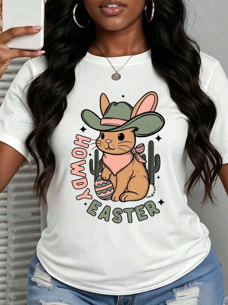 Women's Clothing Casual T-Shirt 100% Cotton With Fun Easter Bunny, Cactus And Egg Print, Denim Style, Short Sleeve, Round Neck, For Women, Ideal For Spring Party Or Holiday Gift, Women's Shirts - 白色 - 查看 1