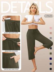 3 Pack Women's High Waisted Drawstring Capri Pants With Pockets, Loose Fit Stretchy Yoga Casual Pants, Tummy Control Hide Belly Slimming Sweatpants For Spring Summer Fall, For Pregnancy Postpartum Curvy Moms, Essential For Home Meditation Walking Light Outdoor Exercise - 黑淺灰軍綠 - 查看 4