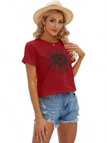1Piece Fashion Casual For Men And Women City Bell Women T-Shirt Short Sleeve Tee Sunflower Graphic Loose Summer Top Versatile, Easy To Match, Suitable For Daily Wear, Urban Style, Holiday Outfits, Weekend Outfits. - 紅色 - 查看 3