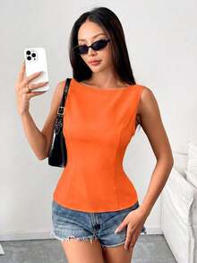 Camisa ajustada sin mangas de unicolor con lazo en la espalda, sexy y elegante para uso casual, adecuada para citas, vacaciones, oficina/negocios, primavera/verano - Naranja Quemada - Ver 2