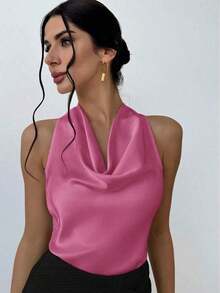 Blusa de mujer elegante y sencilla en color albaricoque con cuello drapeado y lazo - Rojo violeta - Ver 1