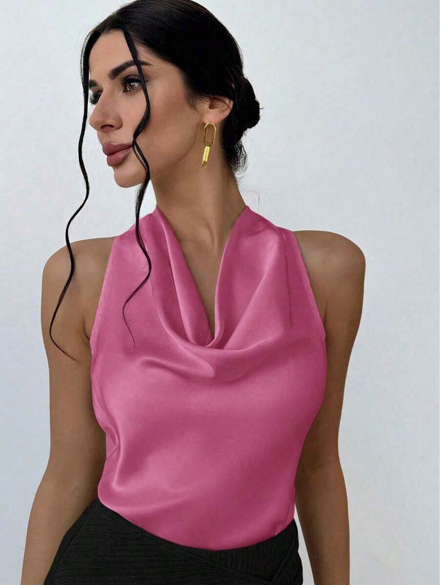 Blusa de mujer elegante y sencilla en color albaricoque con cuello drapeado y lazo - Rojo violeta - Ver 1