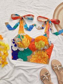 Parte superior de tirantes ajustada y corta con estampado floral colorido y lazo, ropa urbana para mujer, casual de vacaciones, blusas de verano, verano para mujer, Día de la Madre - Multicolor - Ver 2