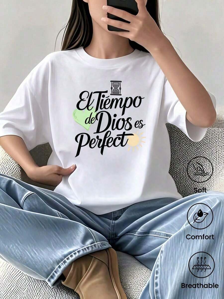180g Made In Mexico, Spring/Summer 2026 Fashion Short Sleeve T-Shirt, Cartoon Print, Couple Style, Underwear/Outerwear, Casual Round Neck For Office, Unisex One Piece Top - 白色的 - 查看 1