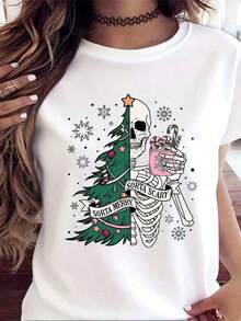 Sorta Merry Sorta Scary Christmas Tree Skeleton T-Shirt For Women, Funny Ugly Sweater Style Graphic Tee With Snowflakes And Hot Chocolate Design, Perfect For Halloween And Christmas Parties, Loose, Casual, And Versatile 220g T-Shirt - 白色的 - 查看 1
