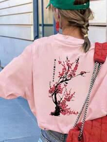 Women's Loose-Fitting Japanese-Style Cherry Blossom Print T-Shirt, 100% Cotton, Breathable, Round Neck, Short Sleeve, Y2K Streetwear, Suitable For Spring Outings, Urban Walks And Casual Daily Wear, Summer Pink Color. - 粉色 - 查看 5