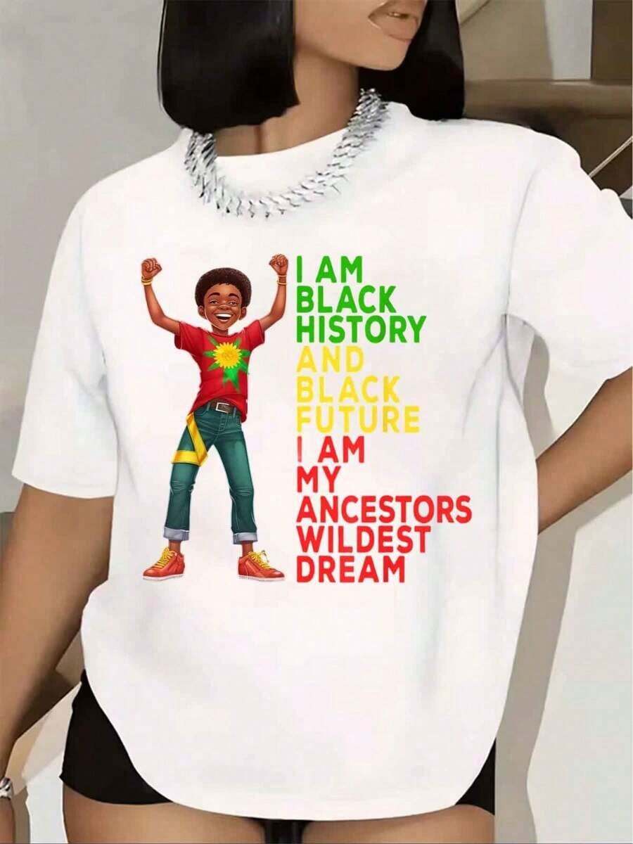 Women's T-Shirt With Graphic Print "History And The Future, I Am The Wild Plus-Size Dream Of My Ancestors" Short Sleeve And Round Neck For History Month Celebration, Casual Wear, 220g - 白色的 - 查看 1