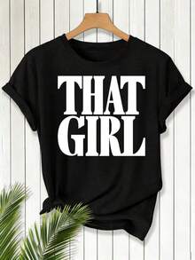 Women's THAT Print Cotton T-Shirt - Casual Short Sleeve Crew Neck T-Shirt With Bold Geometric Lettering, Breathable And Soft, White, For Spring/Summer Casual Wear, Summer T-Shirt, Semi-Sheer Material - 黑色 - 查看 3
