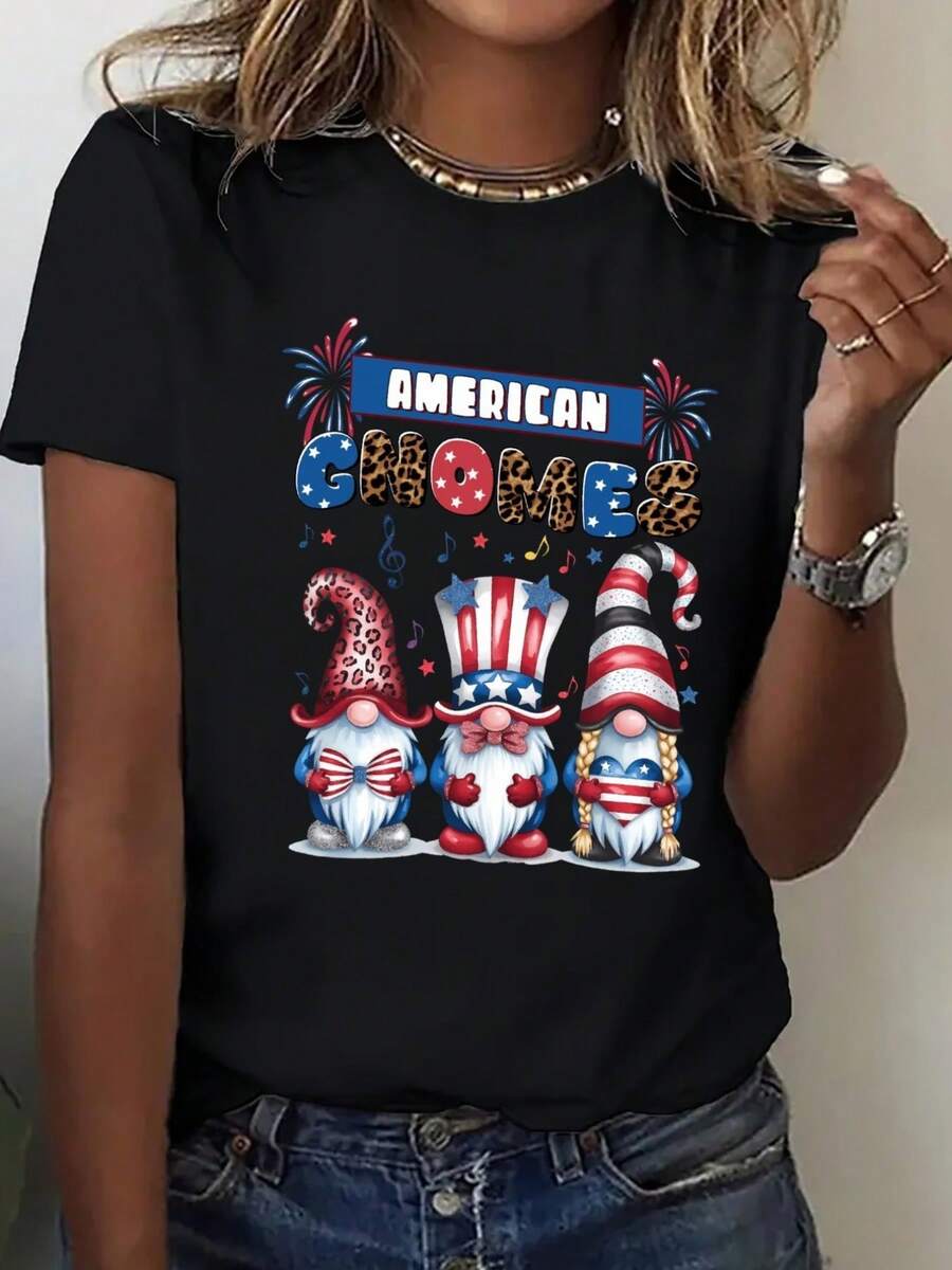 Women's Plus Size Pure Cotton T-Shirt - Loose Fit T-Shirt With Patriotic American And Fireworks Print, Breathable Casual Top For Everyday Wear, Suitable For Independence Day, Fourth Of July Outfits - Plus Size Summer T-Shirt, American Flag Accessory, Festive Celebration Clothing, Simple Design, Comfortable Fabric, Short Sleeve T-Shirt, Festive Clothing, Geometric Pattern, Lightweight Material, Printed T-Shirt, Holiday Clothing HB0U - 黑色 - 查看 1