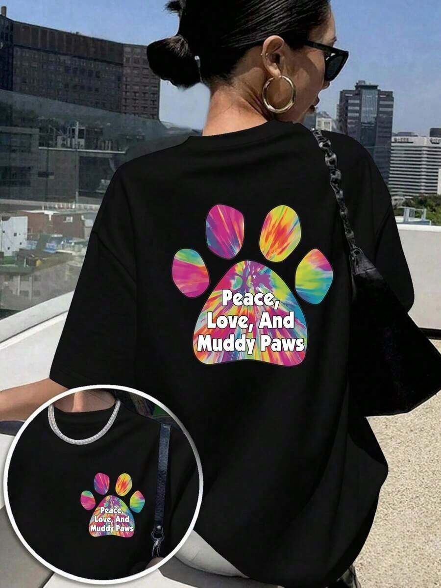Rainbow Color Gradient Paw Print Pattern, Fun Double-Sided Print, 100% Pure Cotton, Women's Short-Sleeved T-Shirt, Loose And Casual, Soft And Comfortable, Hong Kong And Korean Fashion Style, Suitable For Daily Wear, Couple Sets, Unisex, Ideal For Travel. - 黑色 - 查看 1