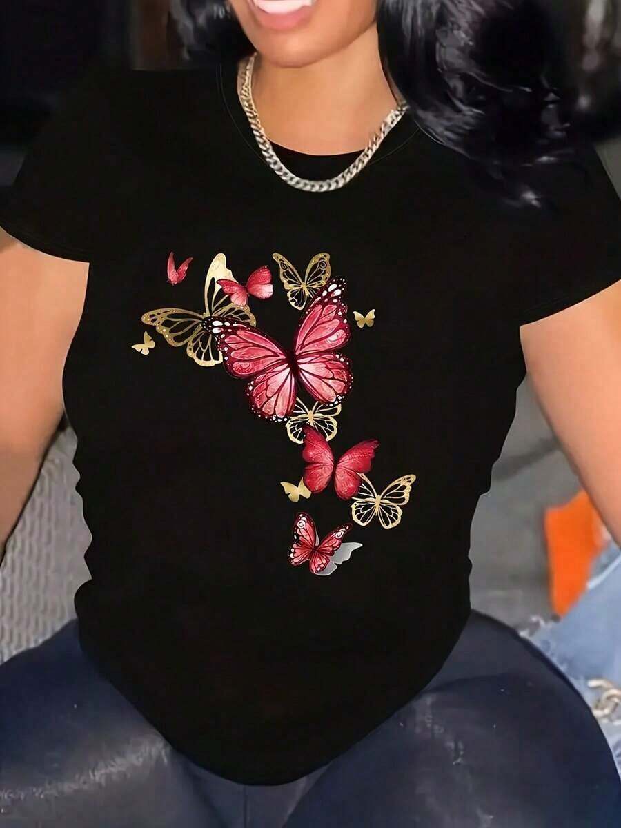 Talla Grande - Camiseta Casual Elegante de Cuello Redondo para Mujer de Talla Grande con Estampado Colorido para Primavera y Verano - Estilo Urbano Vintage Unisex, Camiseta Holgada de Manga Corta con Cuello Redondo 100% Algodón Puro - Negro - Ver 1