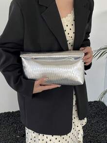 時尚純色手提包，大容量翻蓋磁吸開合小方包，鱷魚壓紋女款包 - 銀色 - View 2
