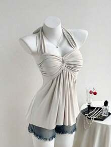 Top de tirantes con estampado de lunares marrones y detalle de nudo en la espalda para mujer, adecuado para verano, vacaciones de primavera, ceremonia de graduación, fiesta de boda, vacaciones elegantes, playa casual, estilo Y2K lindo y sexy y - Albaricoque - Ver 5