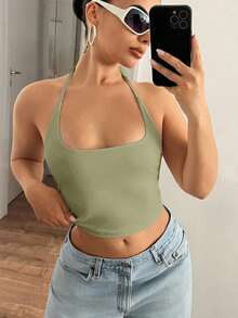 Camiseta de mujer de tirantes con cuello halter de unicolor - verde menta - Ver 5