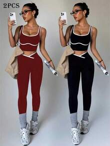 Dewbera Conjunto deportivo de mujer de dos piezas con bloques de color sin costuras, malla de yoga, conjunto de fitness, conjunto de entrenamiento de dos piezas, conjunto activo de dos piezas, conjunto deportivo negro de dos piezas - Multicolor 2 - Ver 1