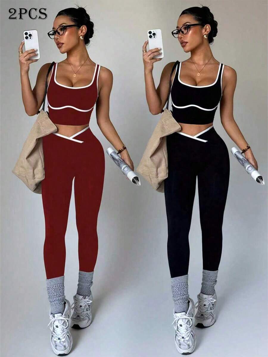 Dewbera Conjunto deportivo de mujer de dos piezas con bloques de color sin costuras, malla de yoga, conjunto de fitness, conjunto de entrenamiento de dos piezas, conjunto activo de dos piezas, conjunto deportivo negro de dos piezas - Multicolor 2 - Ver 1