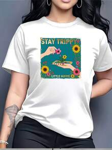 Stay Little Hippie Women's T-Shirt, 180g, Comfortable, Soft And Breathable, With Fun Festive Prints, Suitable For Family Gifts, Building Activities And Fun Holiday Outfits - Unisex Urban Vintage Style T-Shirt, Short Sleeve, Round Neck And Loose Cotton. - 白色 - 查看 1