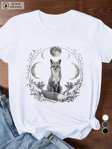 Limited Time Offer, Limited Quantities, Flash ! Women's Casual Shirt, Elegant, Women's Short-Sleeved Sports T-Shirt, Fox Print, Starry Sky Trim. - 白色 - 查看 3