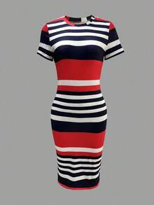 Vestido ajustado casual de mujer con bloques de color y rayas, elegante para el verano - Multicolor - Ver 3