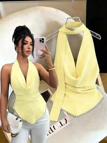 con cuello drapeado y fruncido, nueva colección Primavera/Verano 2026 para mujer - Amarillo claro - Ver 7
