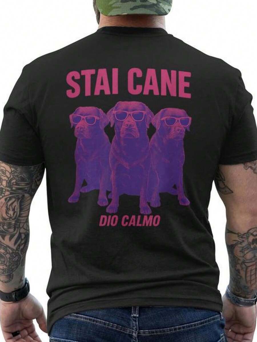 Men's Stai Cane Labrador Retriever Shirt, Featuring A Labrador Retriever Graphic And STAI CANE On The Back. A Casual, Short-Sleeved, Crew-Neck Shirt For Dog Lovers, A Year-Round Collector's Item. Loose-Fitting And Comfortable. - 後退 - 查看 1