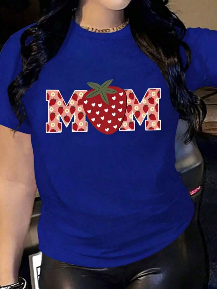 Women's 100% Breathable Cotton | Strawberry Graphic T-Shirt For Women "Mom" - Casual Crew Neck Short Sleeve Top, Perfect For Spring And Summer, Parties, Vacations, Dates - Ideal For Summer - Azul - 查看 1