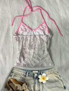 Top halter con estampado de frutas, diseño sin espalda, estilo casual de vacaciones, chaleco de 2 en 1 con bloques de color, adecuado para fiestas, citas, playas, carnavales y otras ocasiones, la elección perfecta para el verano.Top de playa, ro - Multicolor 2 - Ver 2
