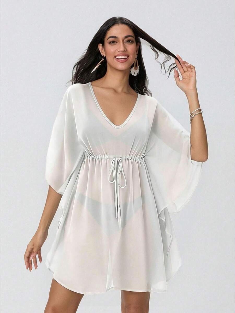 Vestido Cubridor de Chifón Transparente para Mujer, Unicolor, Cuello en V, Manga Murciélago, Cintura con Cordón, Corto, Fluido para Playa de Verano - Blanco - View 1