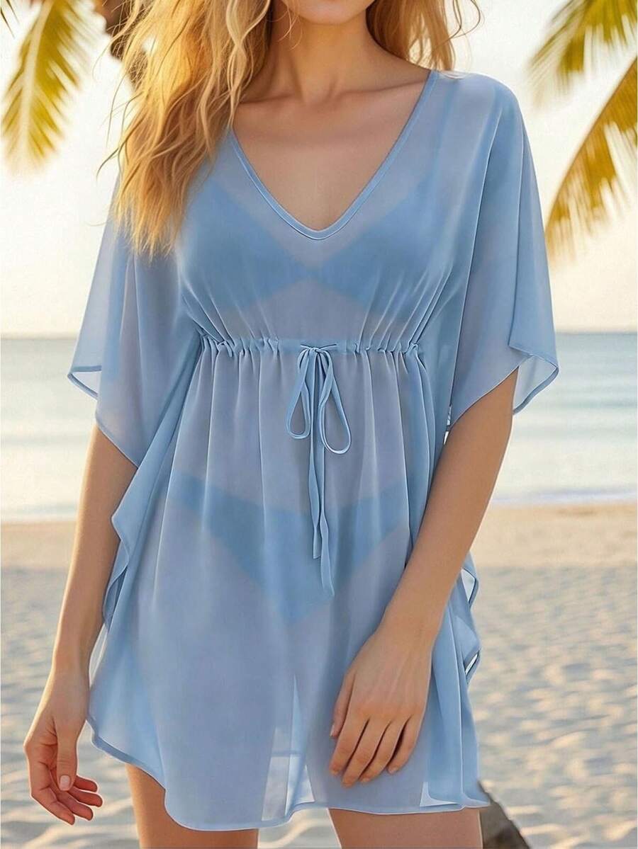 Vestido Cubridor de Chifón Transparente para Mujer, Unicolor, Cuello en V, Manga Murciélago, Cintura con Cordón, Corto, Fluido para Playa de Verano - azul cielo - Ver 1