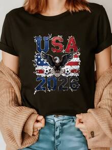 Majestic Eagle Spreading Its Wings Over A United States Flag With Soccer Balls And The Number 2026 Symbolizing Strength, Freedom And Sporting Passion. Modern Casual Women's T-Shirt - 黑色 - 查看 1