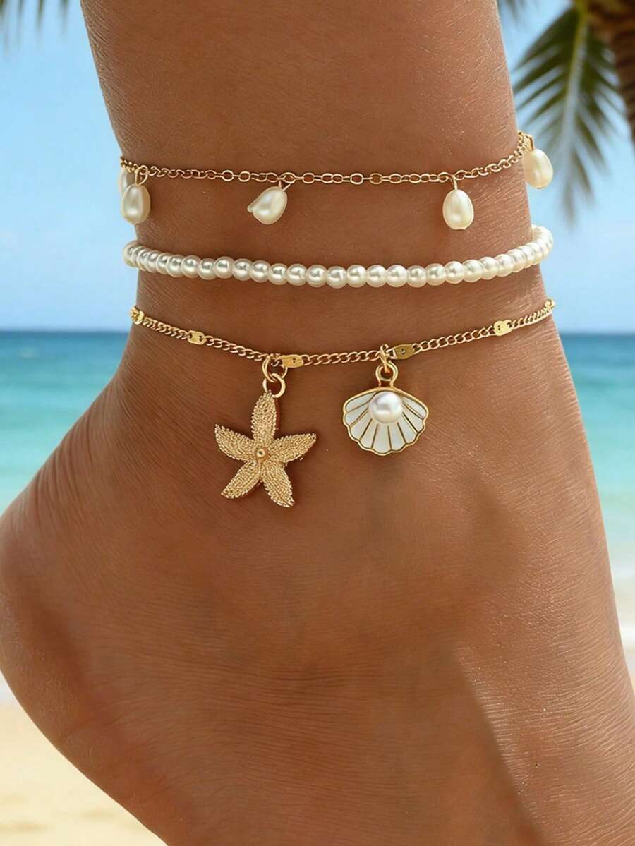 3pcs Natural Seashell & Starfish Beaded Anklet, Versatile Beach Vacation Style For Women - Multicolor - View 1