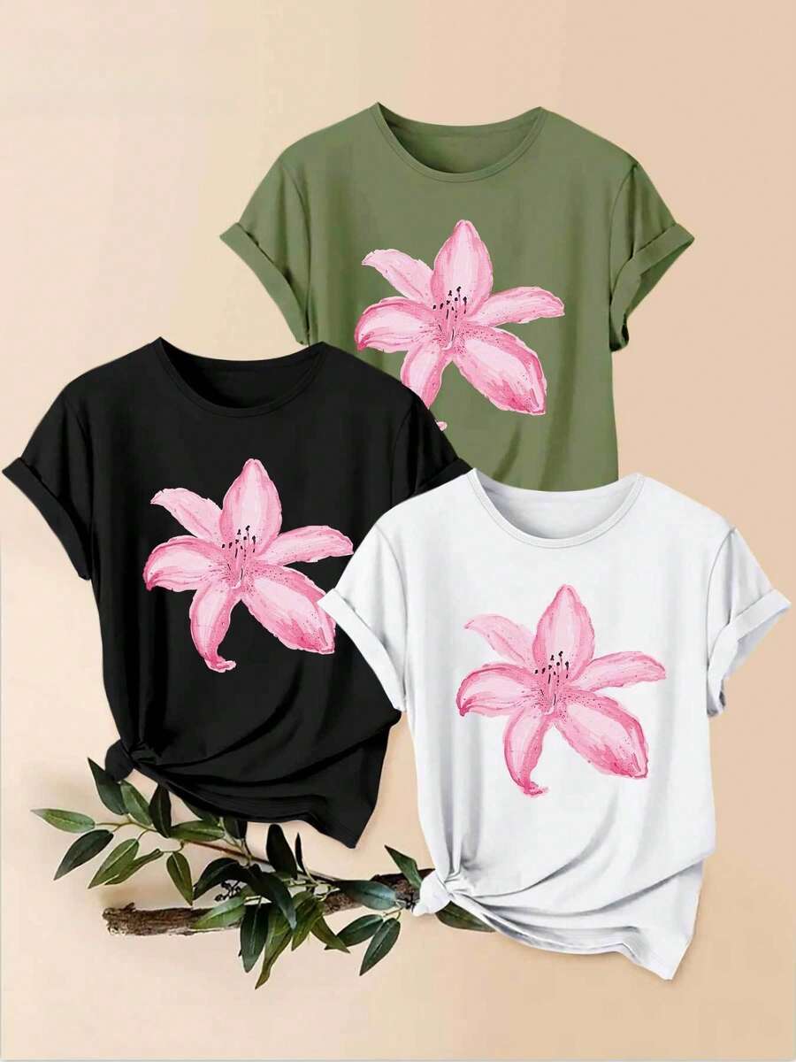 Women's T-Shirts, 1-Piece Set With Pink Lily Print. 1 Beautiful Women's Garment, A Stylish Casual Sporty Gift, Machine Washable, Short-Sleeved Top With A Round Neck. - 1件黑色隨機圖案 - 查看 1