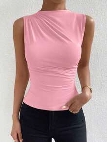 Camiseta sin mangas de corte slim con pliegues de unicolor minimalista para uso diario en verano para mujeres - Rosa - Ver 6